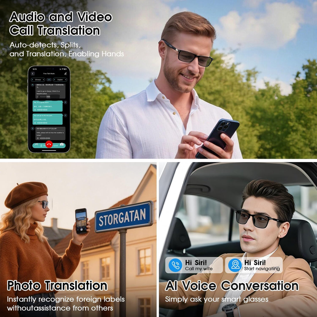AI Smart Brille mit 160+ Sprachen, Farbwechsel-Linsen, Integriertem Lautsprecher & Klarer Audio - Bl