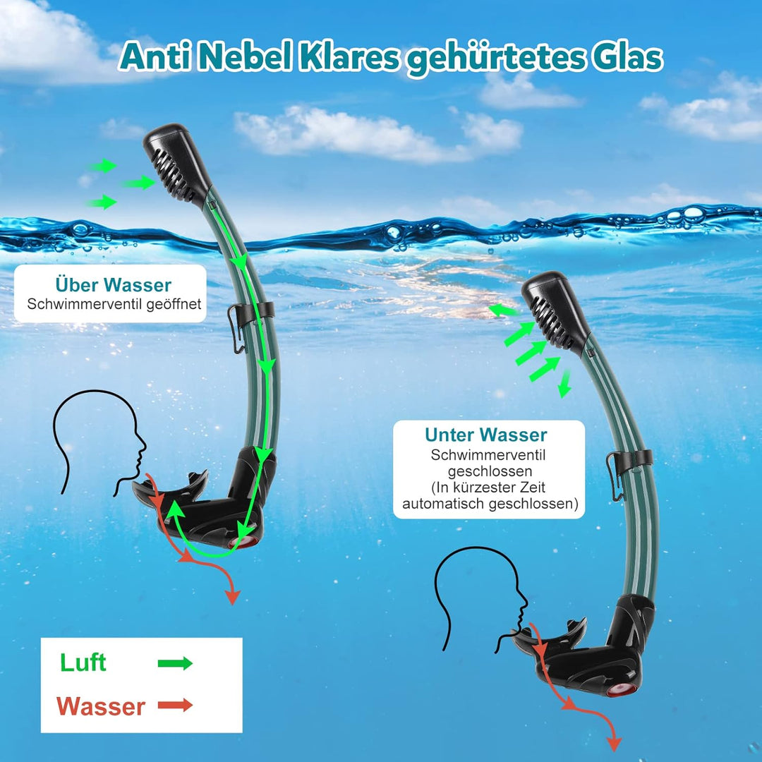 Schnorchelset Erwachsene mit Flossen, Anti-Fog Panorama-Weitblick Taucherbrille, Premium Dry Schnorc