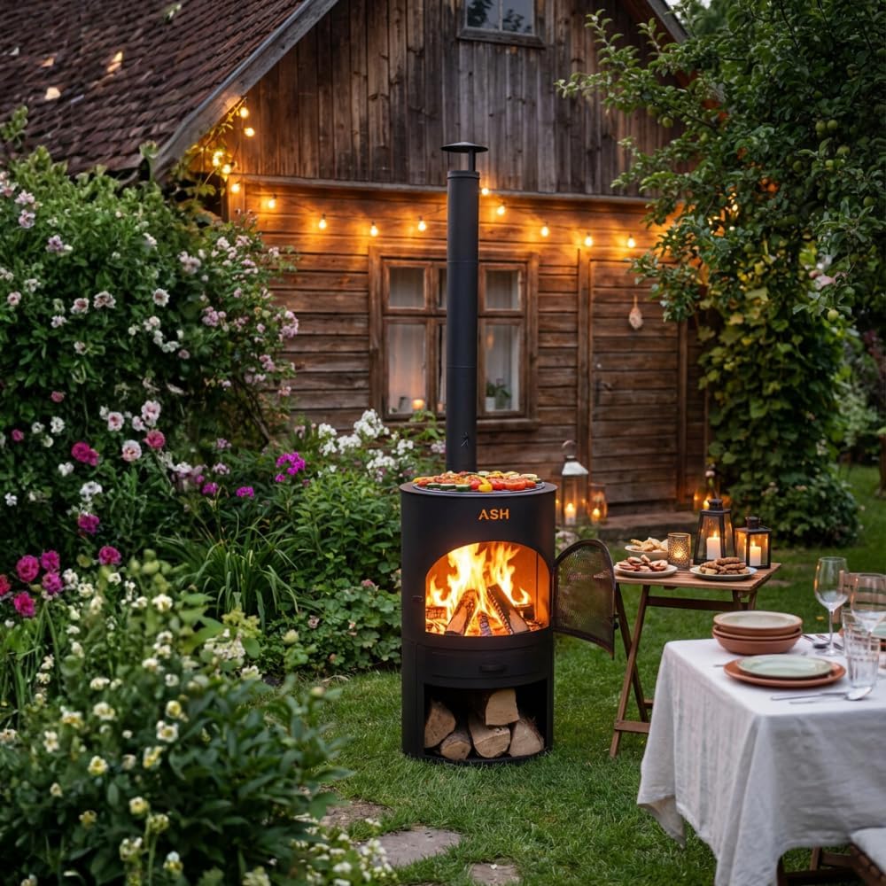 Terrassenofen - Gartenofen - Grill - Terrassenofen - Gartenkamin mit Grill - Schwarz
