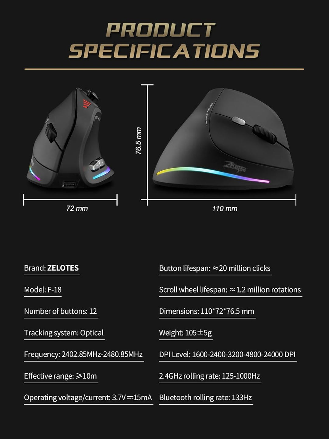 Kabellose Ergonomische Maus mit Joystick, vertikale Bluetooth-Gaming-Maus, 12 programmierbare Tasten