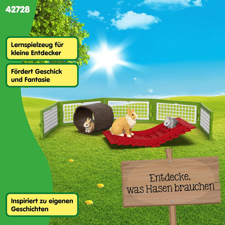 schleich Farm World | Kaninchenstall 42728 | Set aus 3 Kaninchen, mit Stall, Futter und vielem Zubeh