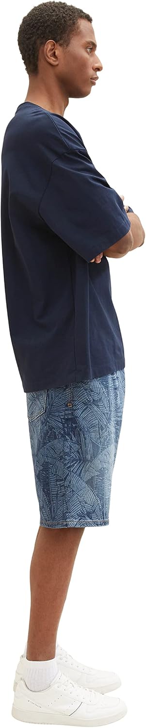 TOM TAILOR Herren Relaxed Fit Jeans Bermuda Shorts mit Palmen-Print 33 31749 - Dark Banana Leaf Laze