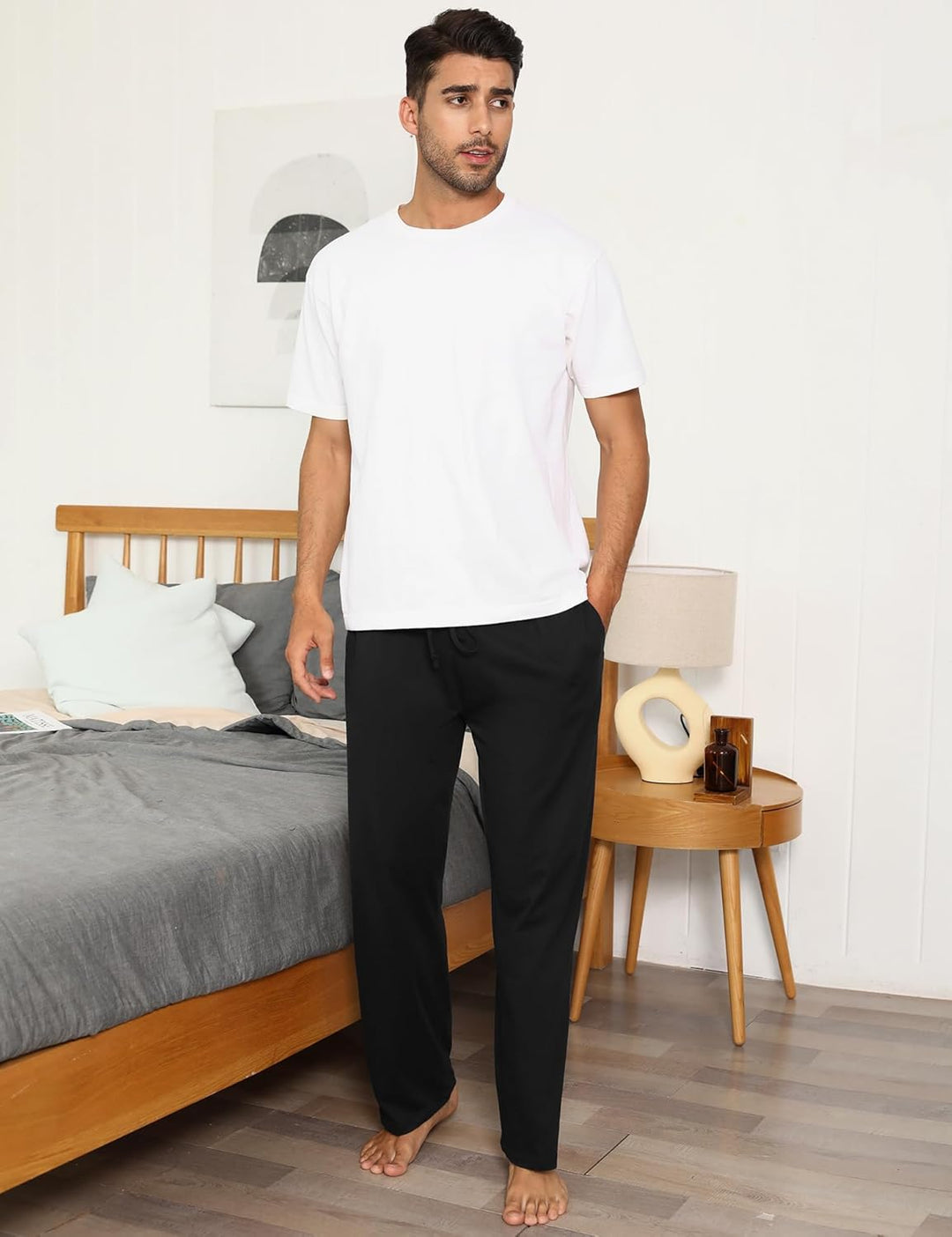 Marvmys 100% Baumwolle Herren Lange Schlafanzughose Einfarbige Pyjamahose Schlafhose Haushose Freize