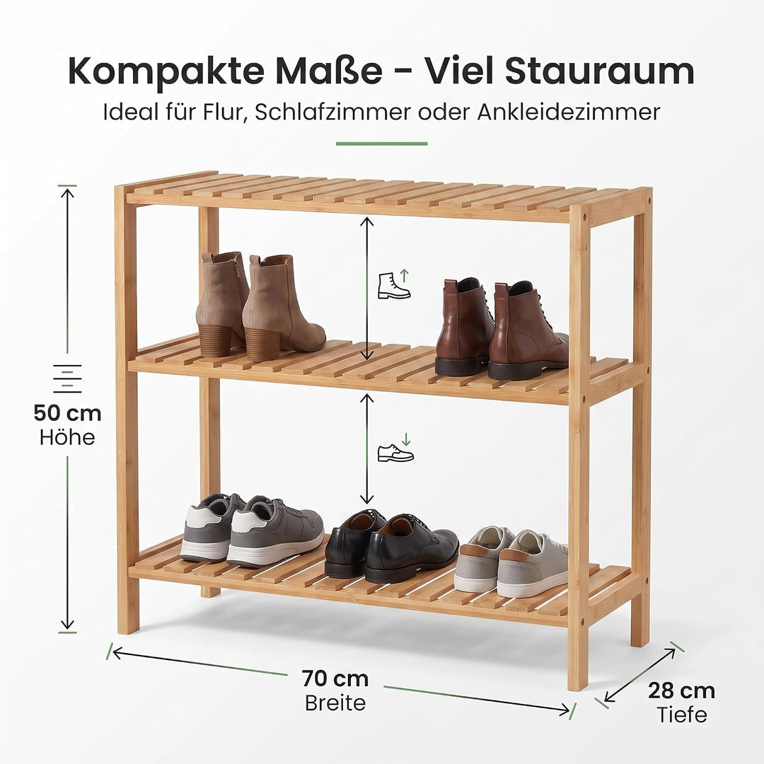 hausleben Bambus Schuhregal, 3 Ebenen, 70x28x50 cm, Naturholz Standregal | Umweltfreundlich &amp; Stabil