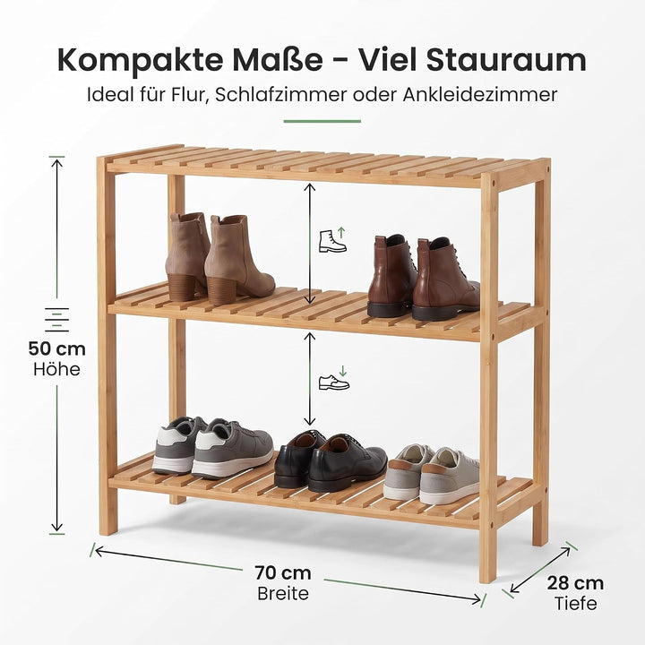 hausleben Bambus Schuhregal, 3 Ebenen, 70x28x50 cm, Naturholz Standregal | Umweltfreundlich &amp; Stabil