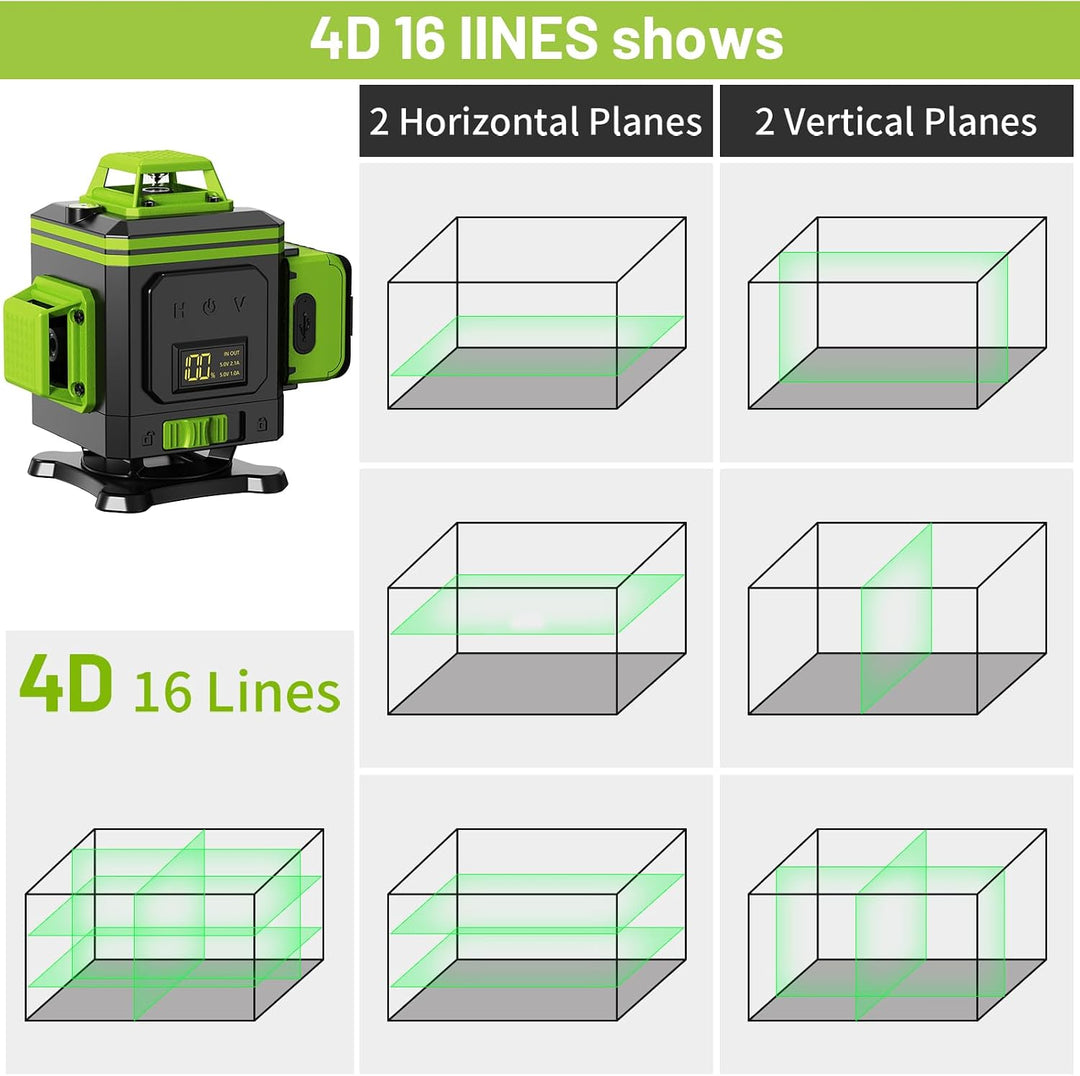 4x360° Kreuzlinienlaser mit Stativ, 16 Line Laser Level IP54 Wasserwaage, 2 Wiederaufladbare Batteri
