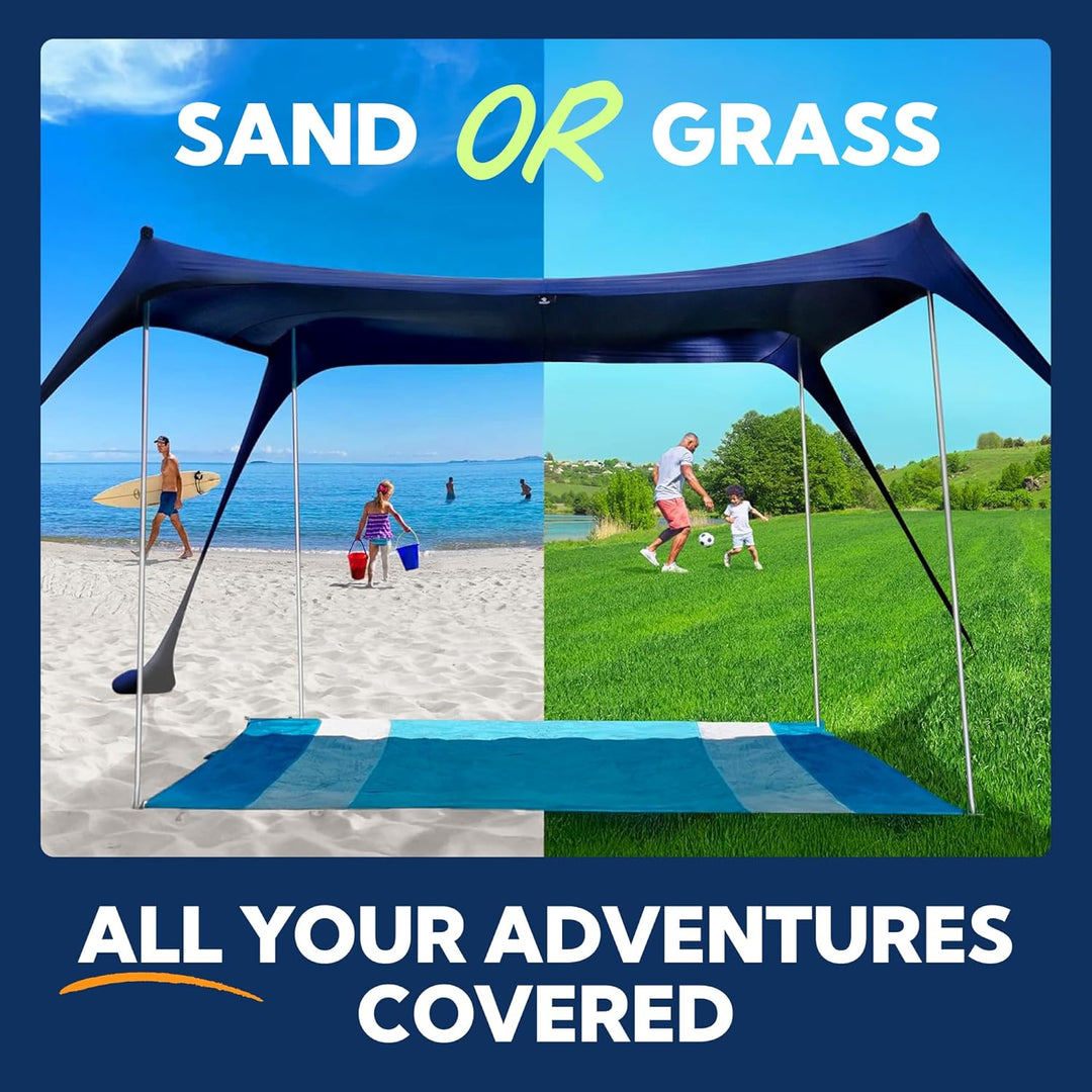 SUN NINJA Strandzelt, Sonnensegel LSF 50+, mit Sandschaufel, Heringen und Stabilitätsstangen, Schatt
