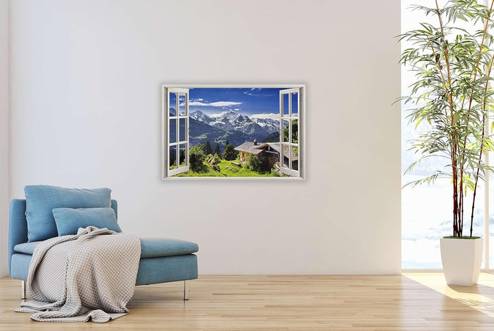 HUBDECO Leinwandbild Fensterblick Alpenberge Bild 70x50 cm - Landschaftsbilder auf Leinwand - Wandbi