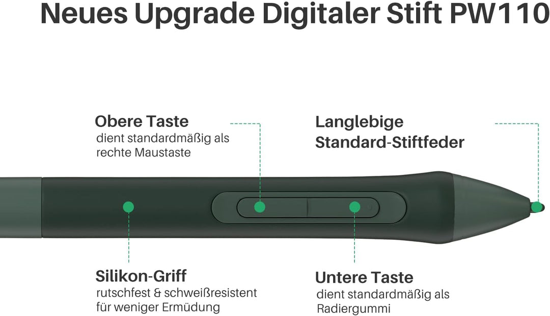 HUION Digitaler Stift PW110 Grün, PenTech 3.0 Batteriefreier, rutschfestem & schweissresistentem Sil