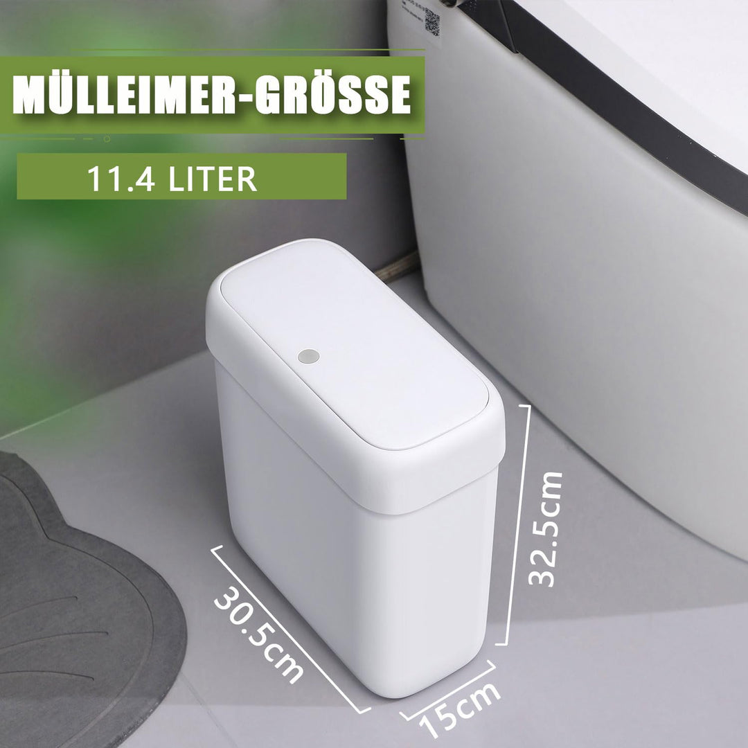 IMHO Mülleimer Bad mit Deckel, 11.4L Schmaler Badmülleimer Weiss, Kleiner Mülleimer mit Druckknopf-D