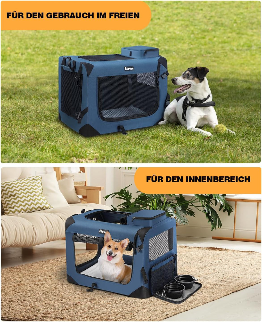Reerooh Hundebox M 60x42x42cm, Faltbar Hundetransportbox Inkl.Hundenapf, Tragbare Hundetasche für Re