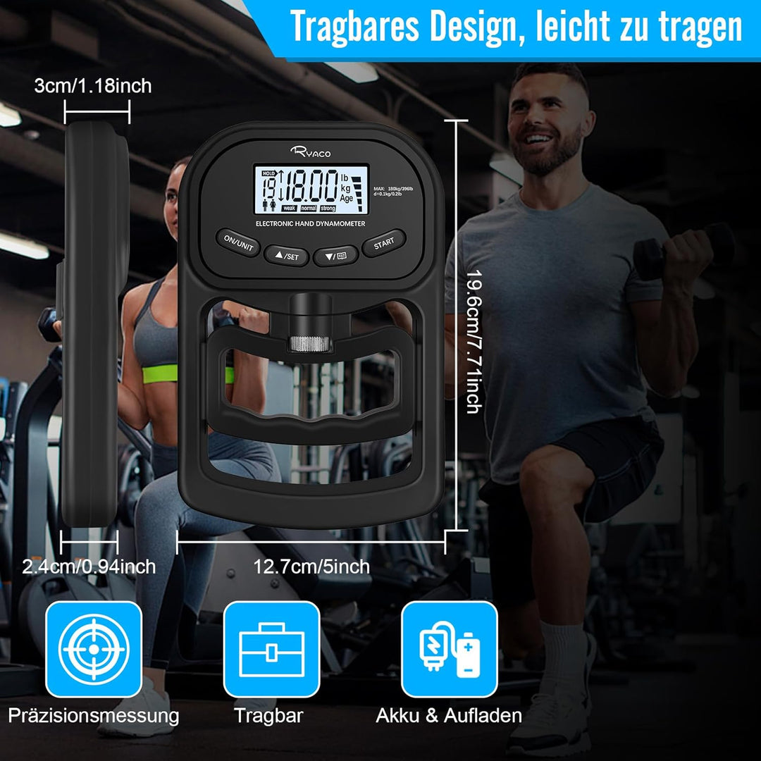 Ryaco Digitaler Handkraftmessgerät, 396lbs/180kg Aufladbar Hand Dynamometer Elektronischer Griffkraf