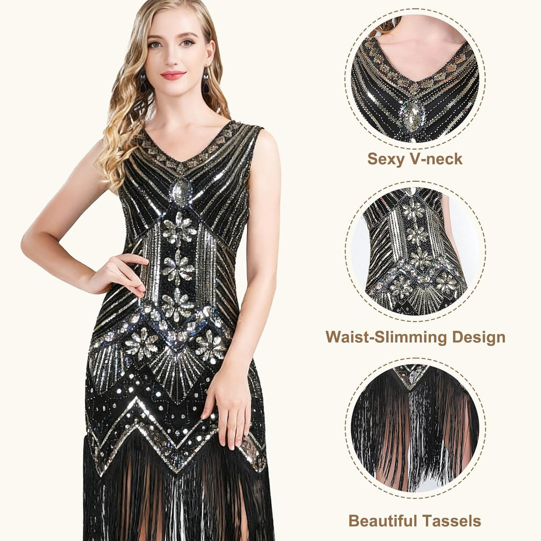 FEPITO 1920er Jahre V-Ausschnitt Pailletten Perlen Fransen Kleid mit 20er Jahren Black And Gold（styl