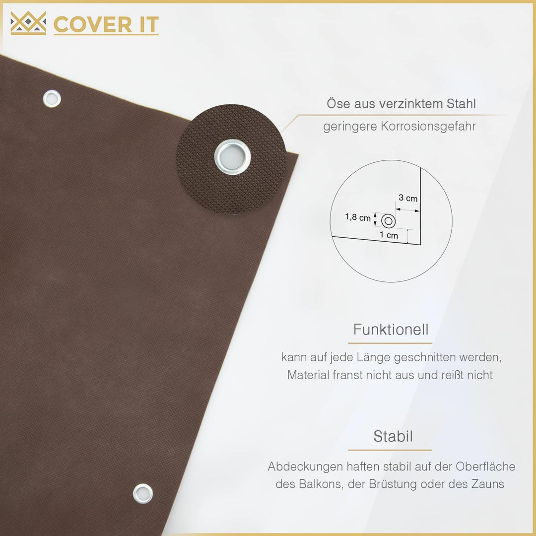 COVER IT Balkon Sichtschutz 65 x 700 cm Braun | Balkonsichtschutz ohne Bohren mit Ösen für Balkon, T