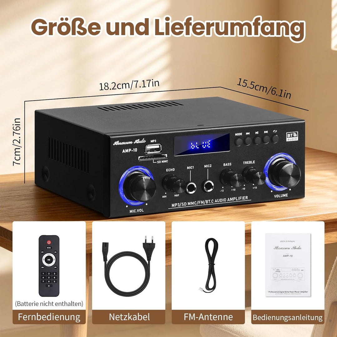 Henakmsl Bluetooth Stereo Verstärker 2.0, 2 x 50 W, Subwoofer-Out | Mit USB, SD, FM, AUX, 2 Mikrofon