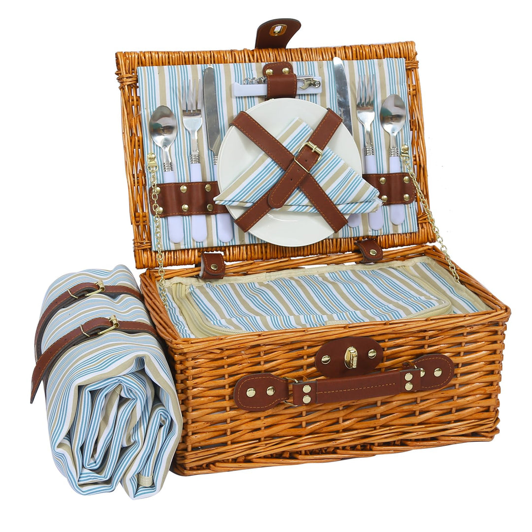 Picknickkorb Set für 2 Person mit Kühlfach und wasserdichte Picknickdecke, Abnehmbarer Riemen, Weinb