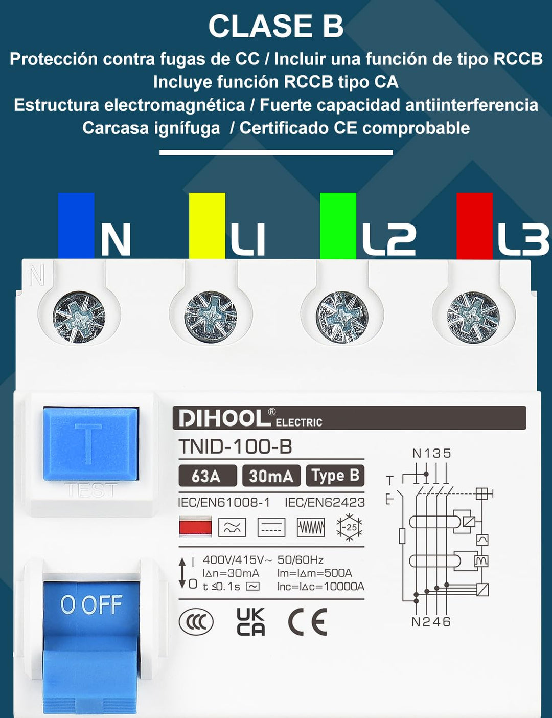 DIHOOL RCD allstromsensitiver fi Typ B 63A 30mA 4-polig schutzschalter schalter Fehlerstromschutzsch