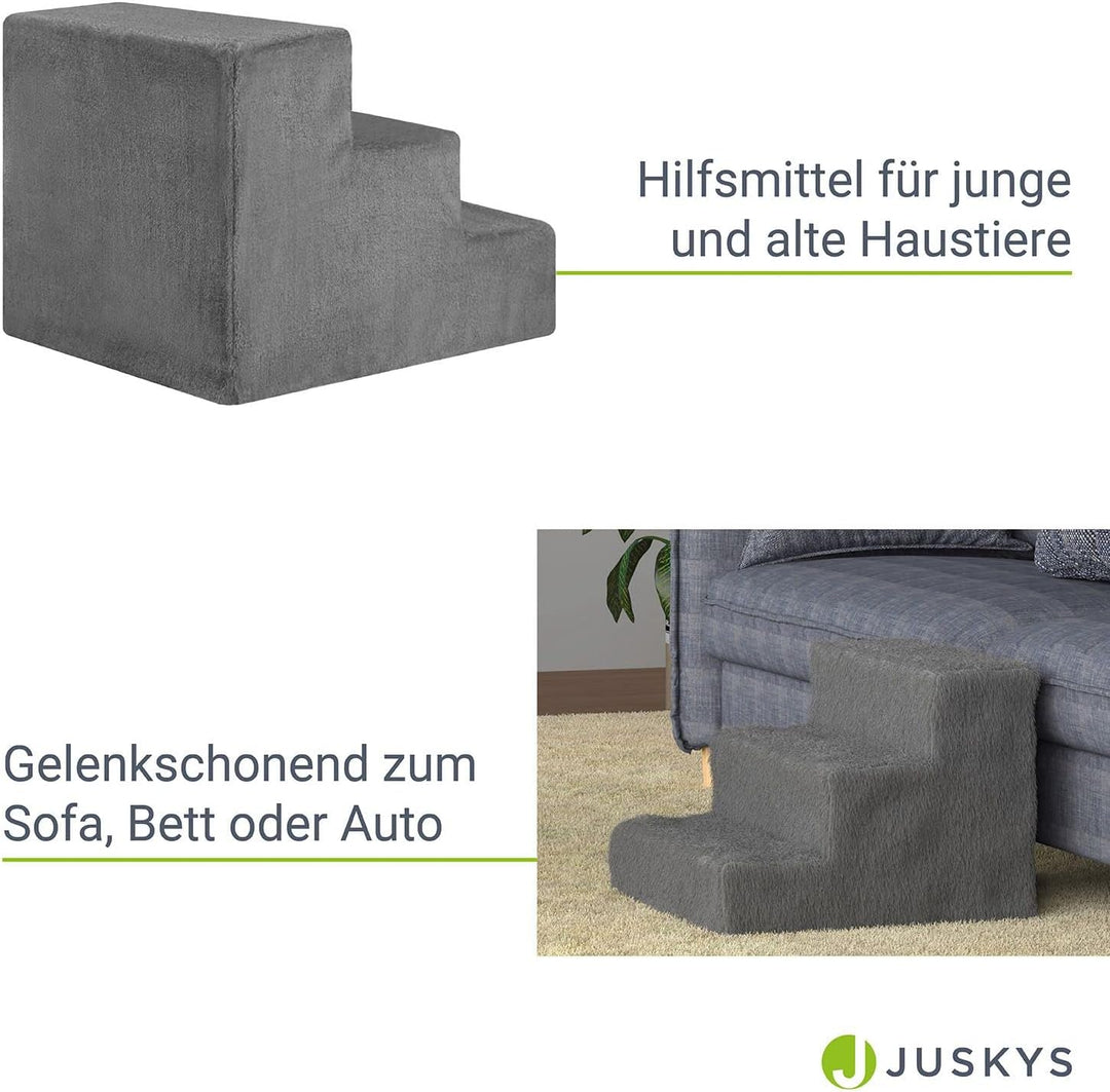 Juskys Haustiertreppe Hundetreppe 36 cm - Treppe 3 Stufen Plüsch-Bezug waschbar - Katzentreppe Hunde