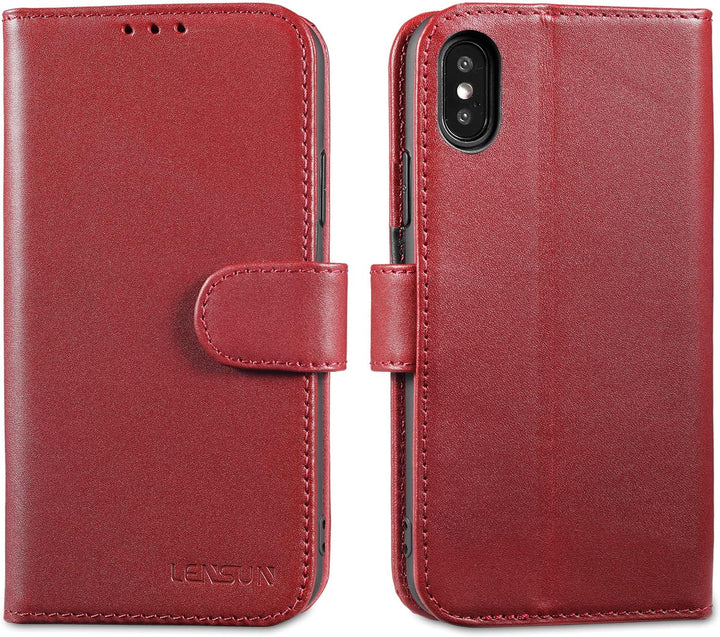 LENSUN Echtleder Hülle für iPhone XS, iPhone X Handyhülle [Echtes Leder][Magnetverschluss][RFID Schu