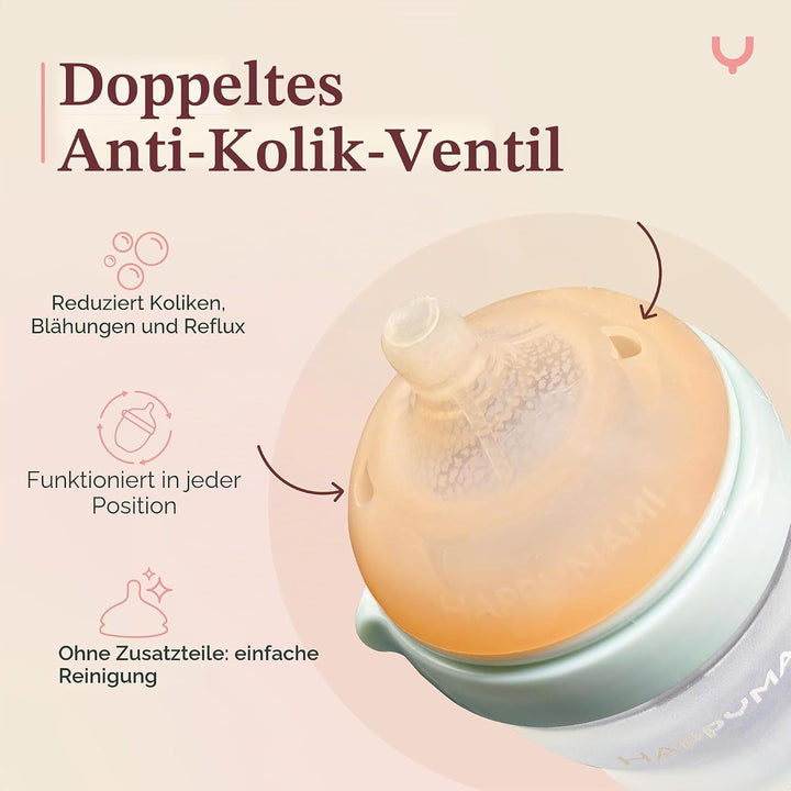 Happymami,Set aus 3 personalisierbaren Babyflaschen, Sauger aus Lebensmittelecht, doppeltes Anti-Kol