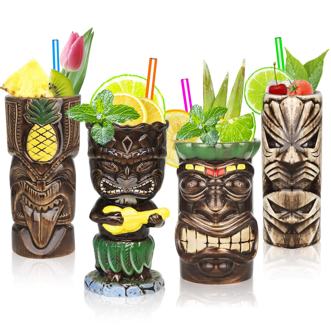 Tiki-Tassen-Set, Hawaii-Party-Becher aus Keramik, für Cocktails, hochwertiges Tassen-Set mit 4 Tasse