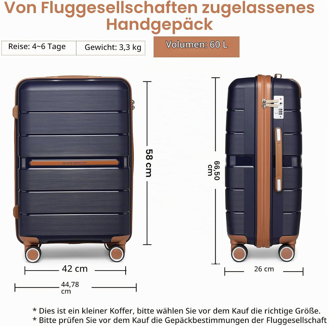 British Traveller Koffer Trolleys Set Hartschalenkoffer Reisekofferset 100% PP Handgepäck Rollkoffer