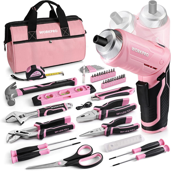 WORKPRO 53-tlg. Werkzeug Set Rosa mit Akkuschrauber klein, pink Werkzeugtasche gefüllt für Haushalt