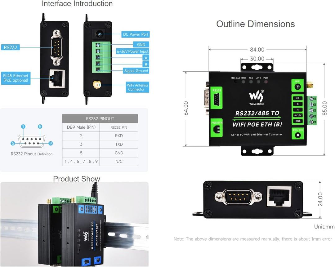 Waveshare RS232/485 to WiFi and RJ45 Ethernet Converter Module with POE Function, Industrial Grade S