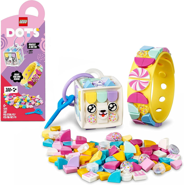 LEGO 41944 DOTS Candy Kitty Armband & Taschenanhänger mit Katze, kreatives 2-in-1 Bastelset, Schlüss