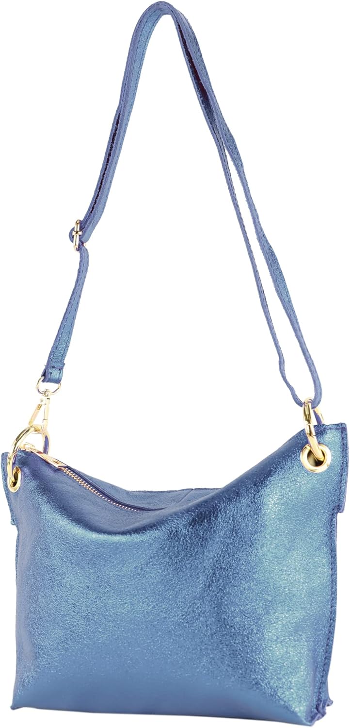 modamoda de T243 Damen Leder Umhängetasche Schultertasche handmade in Italy Jeansblau-metallic, Jean