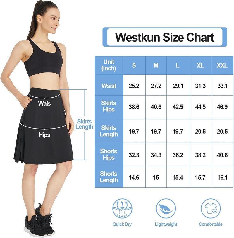 Westkun Skort Damen Knielang Hosenrock Active Wanderrock mit Innenhose Tennisrock Golfrock mit Tasch