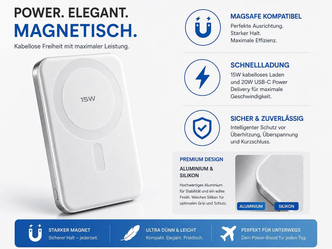 nevox Wireless Magnetic Powerbank 5000mAh kompatibel mit MagSafe® – 15W kabelloses Schnellladen, Sta