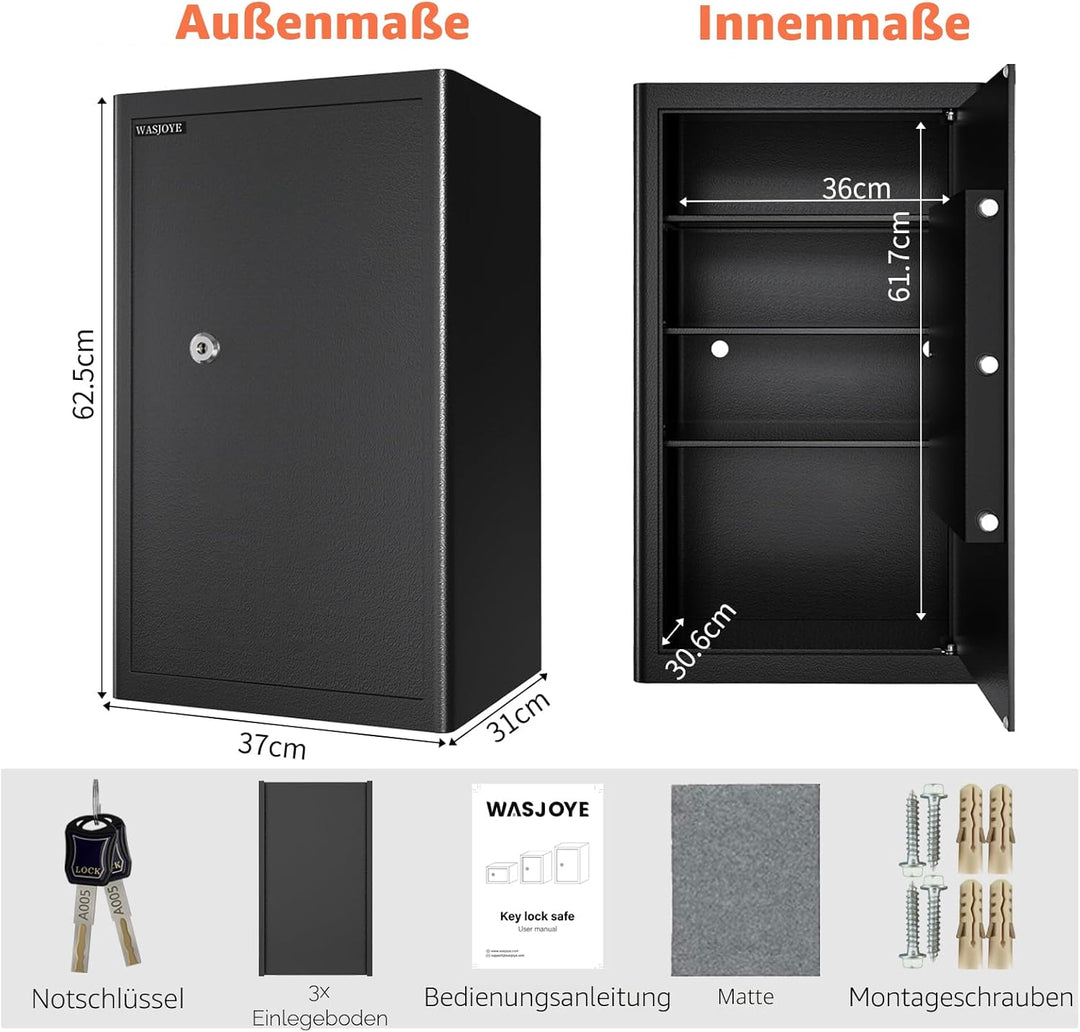 Safe Tresor mit Schlüssel, WASJOYE Möbeltresor mit Schlüssel-Schloss für Zuhause/Büro, 60L Gross Wan