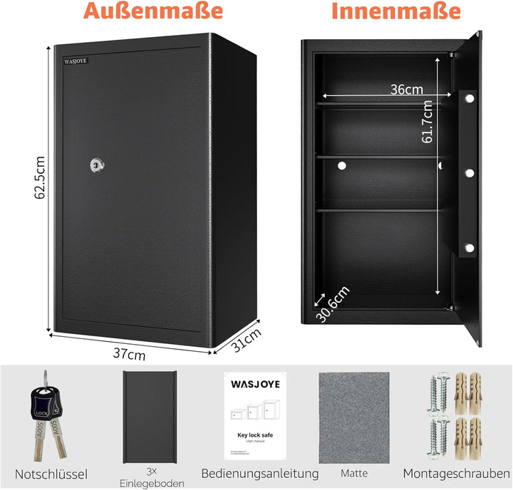 Safe Tresor mit Schlüssel, WASJOYE Möbeltresor mit Schlüssel-Schloss für Zuhause/Büro, 60L Gross Wan