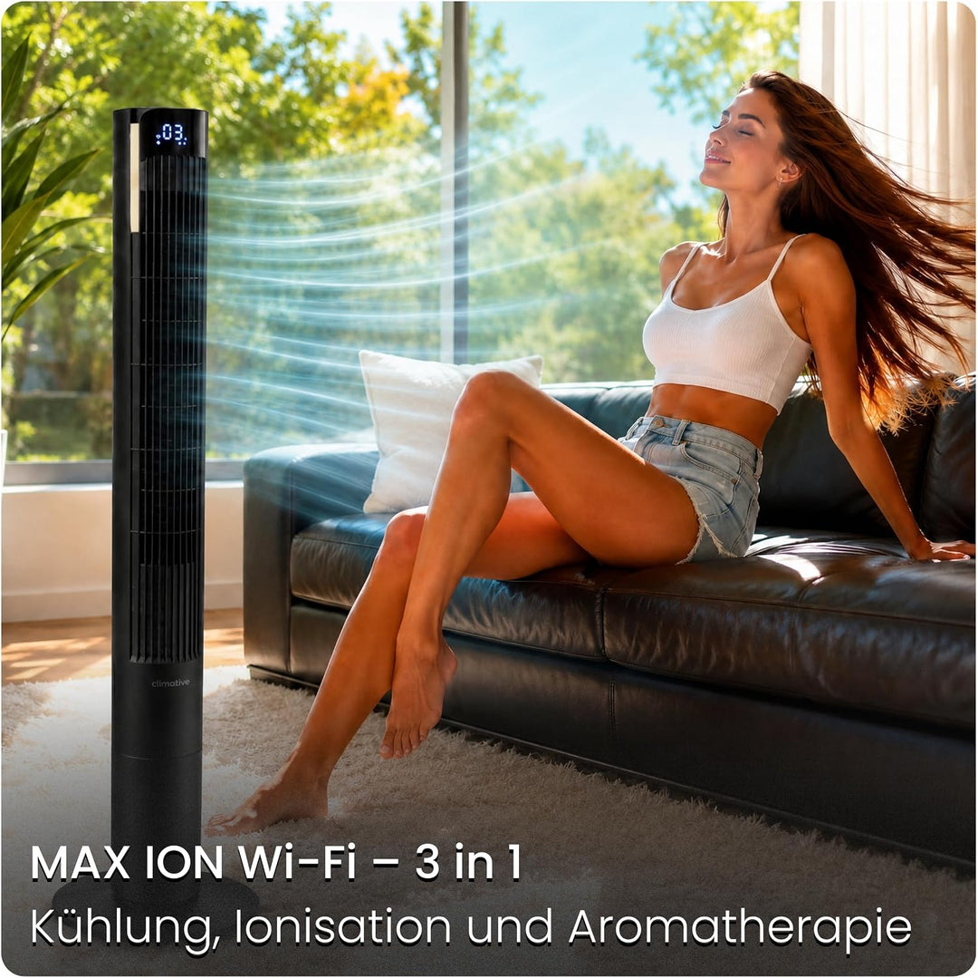 Turmventilator 115cm WiFi Tuya MAX, Ionisator & Duftfach, Orkanartiger 8,5m/s Wind, Nachtlicht, Oszi