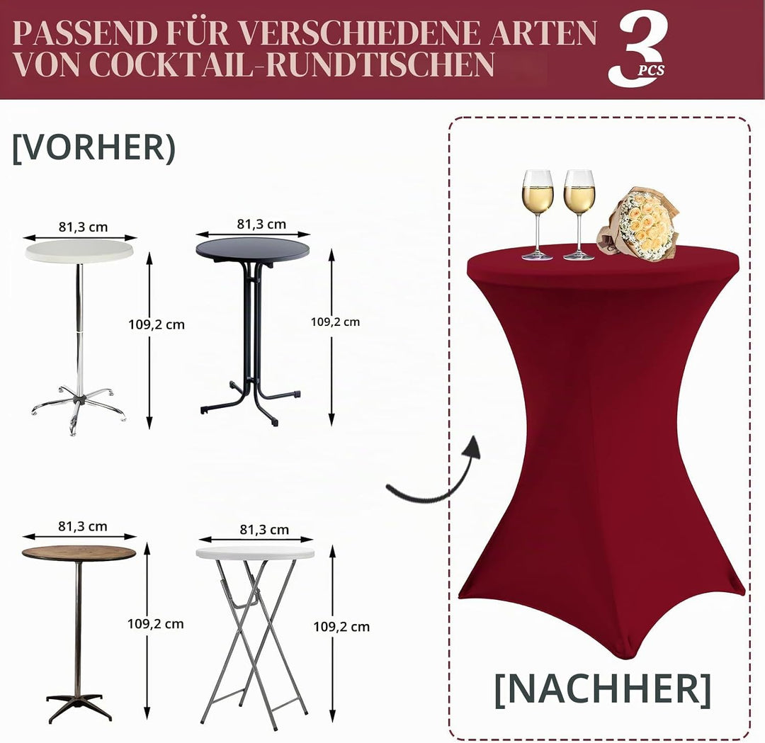 3 Stück Burgund Stehtisch Hussen Stehtische, Stehtischhusse für Ø 80-85 cm Stehtische und Bistrotisc