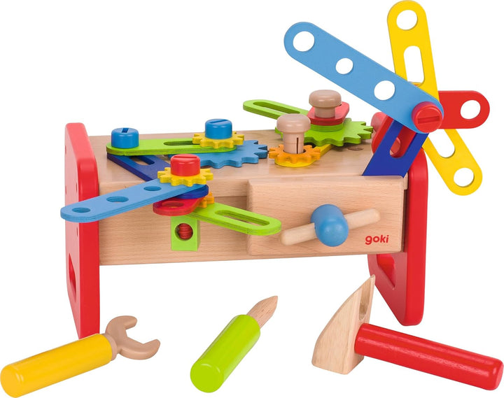 goki 58501 - Werkbank aus Holz & Kunststoff, Holzspielset für Heimwerker inkl. Hammer, Schrauben, Dr
