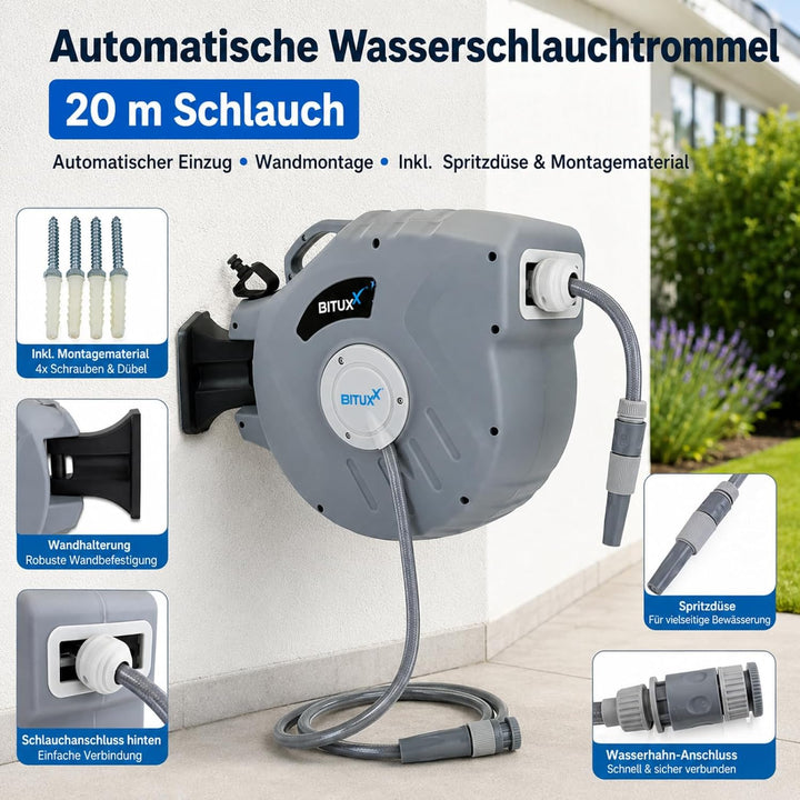 Bituxx Wand Wasser Schlauchtrommel Schlauchaufroller Wasserschlauchaufroller Schlauchbox Automatik (