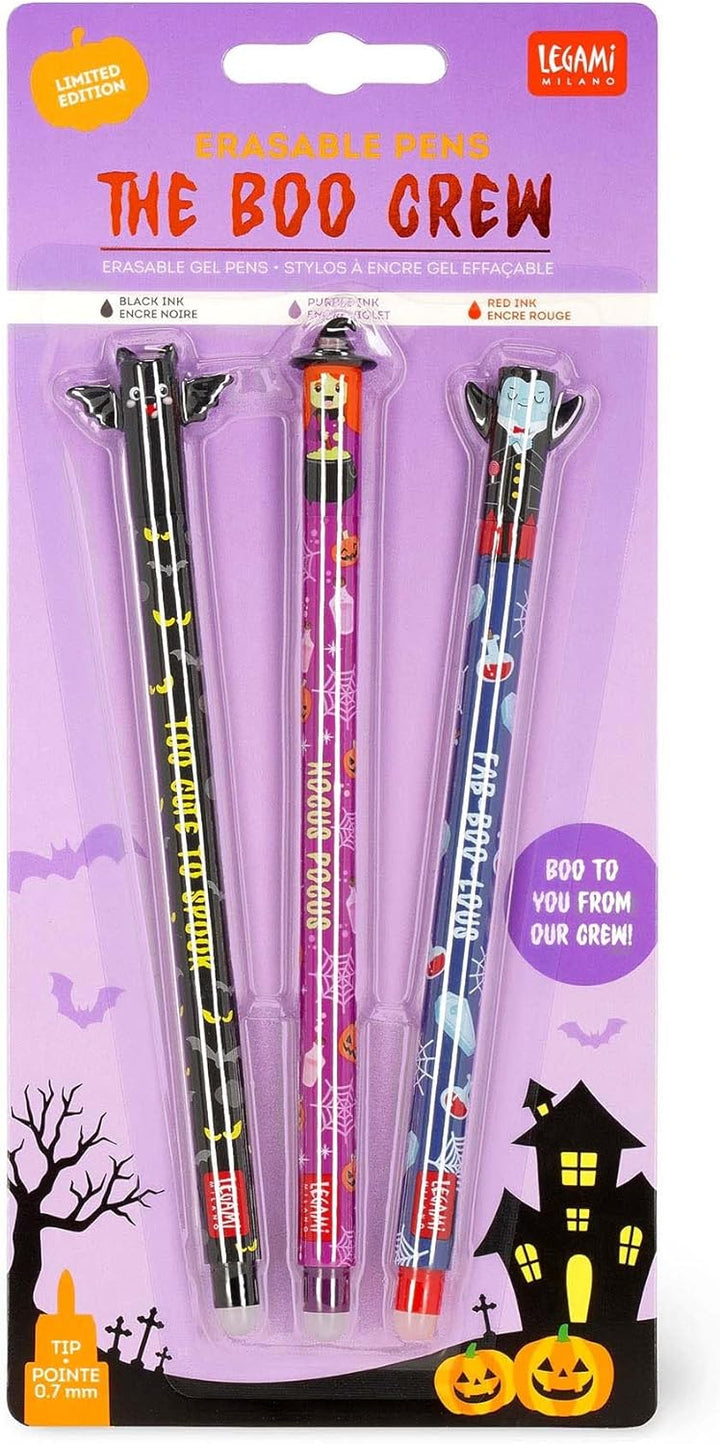Legami - Set mit 3 löschbaren Gelstiften, The Boo Crew, löschbare wärmeempfindliche Tinte, Schwarz,