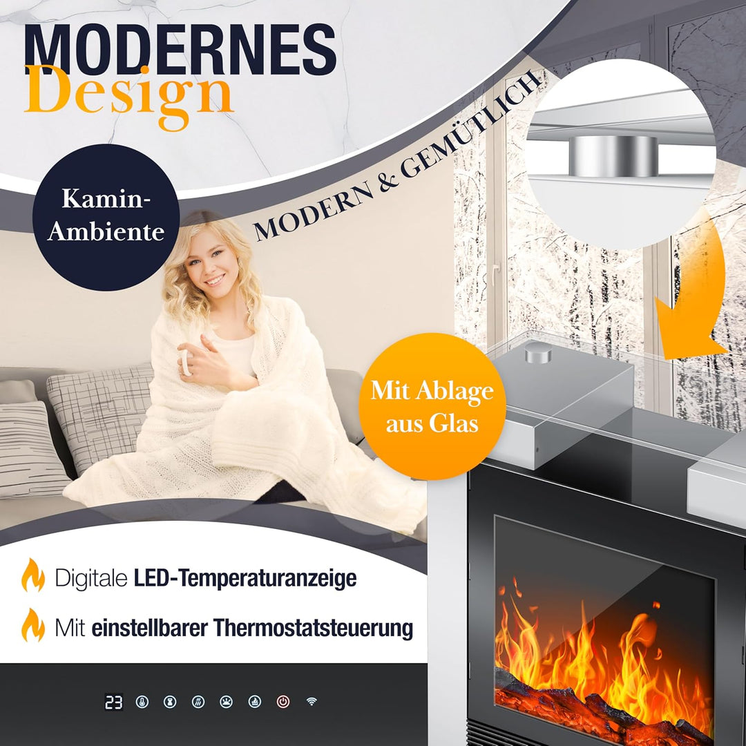 KESSER® LED Kamin mit Heizung elektrisch | Heizlüfter Elektrokamin mit Thermostat, Standkamin mit re