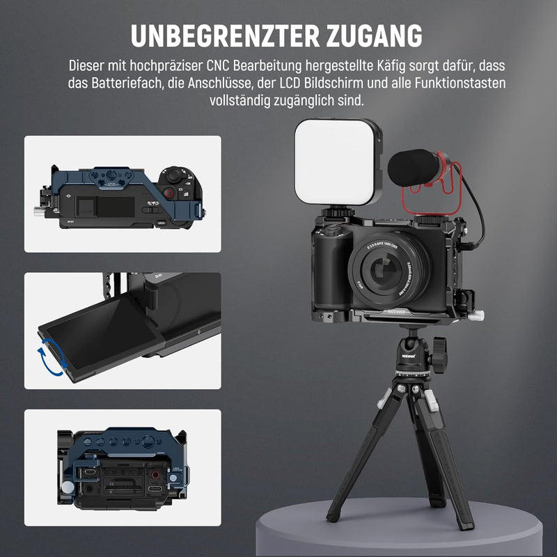 NEEWER ZV-E1 Käfig Cage mit HDMI Cable Clamp, NATO Schiene 3/8"ARRI Aufnahmebohrungen 1/4"Gewinde, A