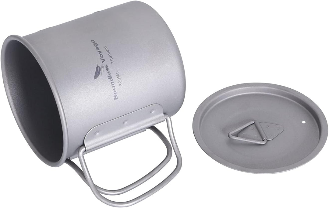 iBasingo 300ml Titan Becher Camping Tasse Outdoor Tee Kaffee Reisebecher mit Deckel & Klappgriff Lei