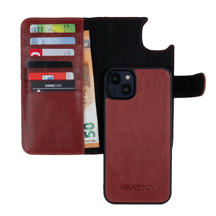 HANS/SON Lederhülle mit Kartenfächern | iPhone 14 | Echtleder | 6,1 Zoll | Schmal | Klapphülle | Sto