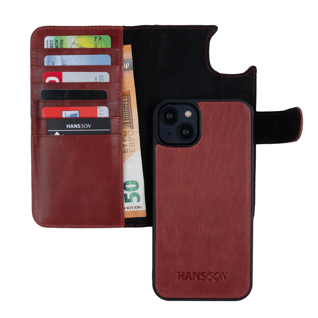HANS/SON Echtlederhülle für iPhone 14 Plus | 6,7 Zoll | 2 in 1 Ledercase mit Kartenfächern | Roter G