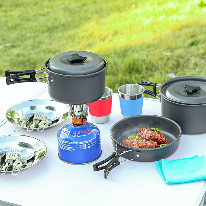 Odoland Kochgeschirr Camping-Set mit Töpfen und Pfanne Tasse Teller Besteck faltbar Geschirr für 1-2