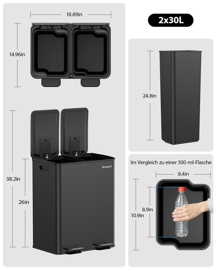 lovewind Mülleimer, 2 x 30L Mülleimer Küche, Doppeleimer für Recycling und Abfall, Schwarz, Mülleime