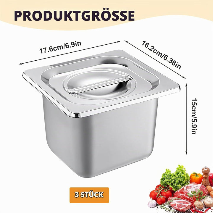 Set 3-teilig GN Behälter 1/6 Edelstahl mit Deckel – Höhe 10cm – Gastro Behälter für Lebensmittelaufb