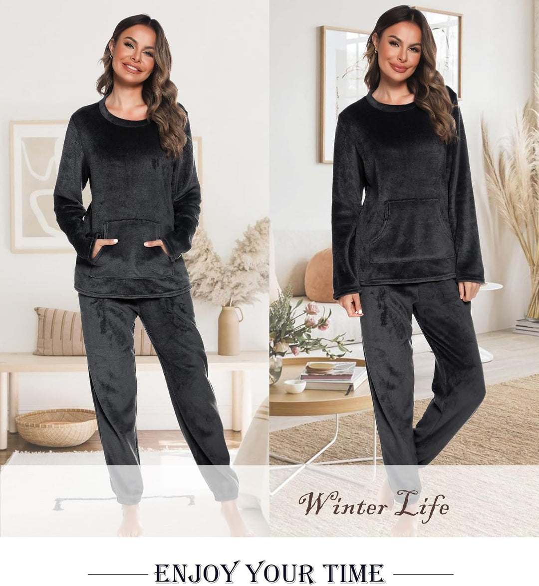 Lovasy Fleece Schlafanzug Damen Lang Winter Warmer Pyjama Set Flauschiger Frottee Schlafanzüge für D