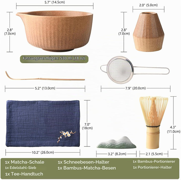 Matcha Set Premium 7-teilig Keramik: Matcha Schale, Bambus Besen (Chasen),Teebesenbasis，Teelöffel, S