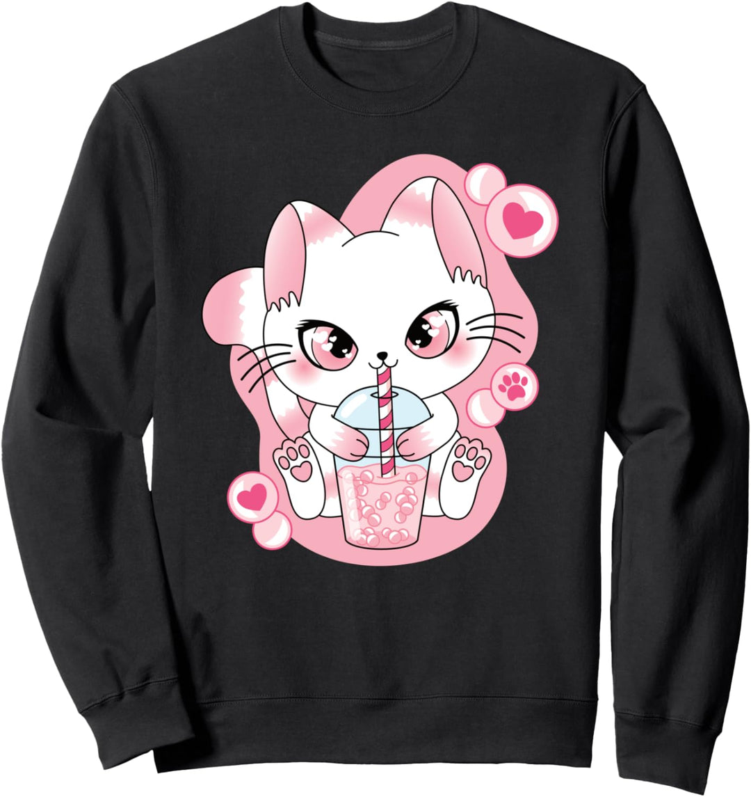 Süsse Rosa Japanische Anime Kawaii Bubble Tea Katze Boba Tea Sweatshirt